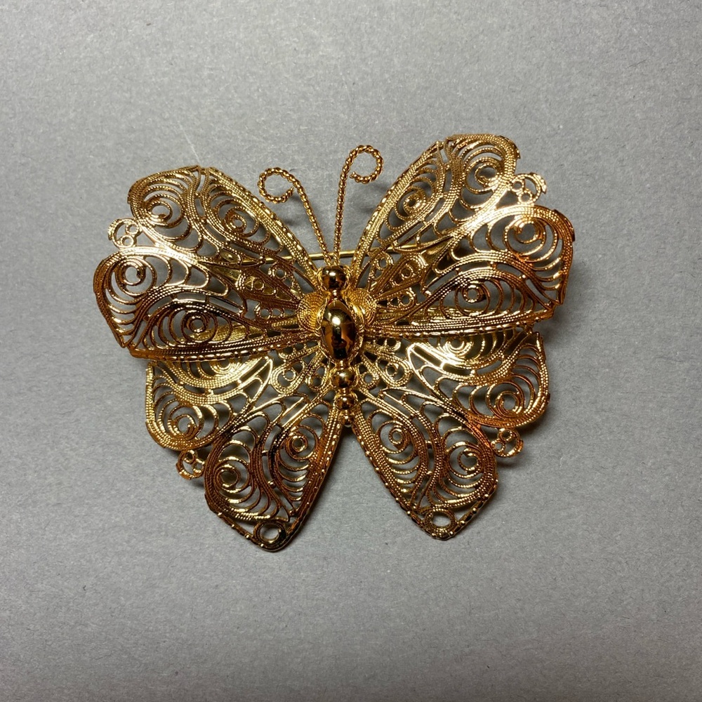 Vintage large gold  filligree butterfly statement pin brooch